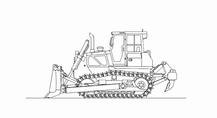 Side profile line art of a heavy construction bulldozer with a front blade and rear ripper.