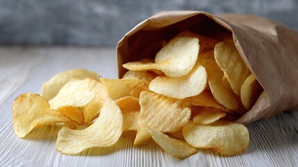Crunchy potato chips spilling from a brown paper bag on a wooden surface, showcasing a delightful snack experience
