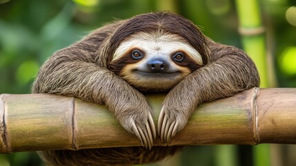 Fototapeta premium Smiling sloth resting on bamboo branch outdoors