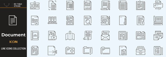 Document set of web icons in line style. Documents linear icon collection. Containing contract papers, folder, certificate, accept, approved, clipboard, invoice, archive and more. Editable stroke