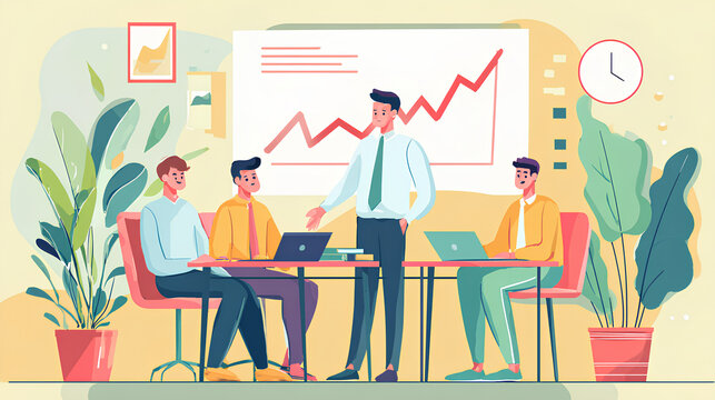 Business Planning Concept. Contemporary flat style vector illustration of a businessman giving a business forecast to a group of colleagues sitting at a desk with a growing graph in background. Stock  - Powered by Adobe