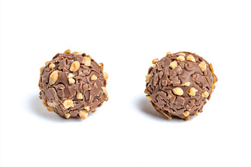 two chocolate balls with nuts on top of them