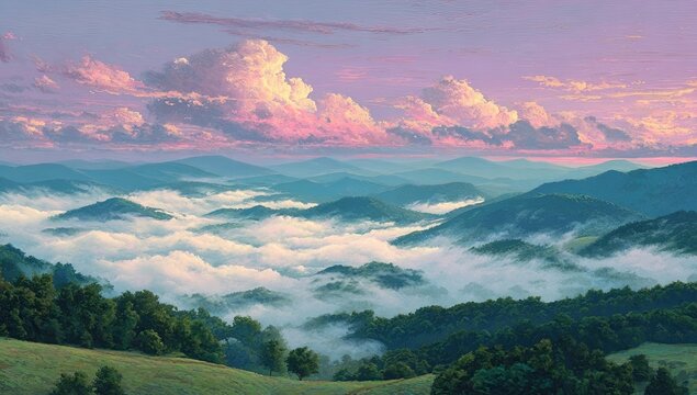 Misty mountain range at sunrise.  Vast landscape of rolling hills and valleys blanketed in soft, ethereal mist.  Dense forests cling to the slopes, contrasted with pastel hues of clouds and sky.