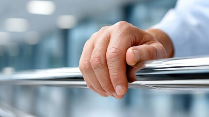 Man&#x27;s hand resting on a shiny metal railing in a modern office building during daylight hours, showcasing attention to detail and calmness