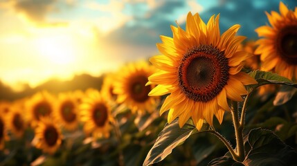 Obraz premium Golden sunflowers at sunset