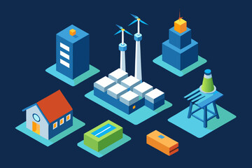 Isometric illustration of a sustainable city with renewable energy sources