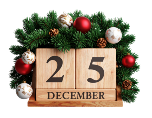 3D Rendered Wooden Holiday Calendar Block Set Showing December 25, Cozy Style, isolated PNG