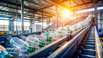 Plastic bottles on conveyor belt at beverage factory. Industrial background