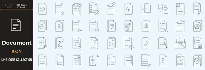 Document set of web icons in line style. Documents linear icon collection. Containing contract papers, folder, certificate, accept, approved, clipboard, invoice, archive and more. Editable stroke