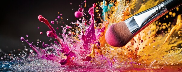 A makeup brush surrounded by exploding colorful paint splashes