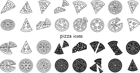 Pizza icon collection, slice and whole pizza illustrations, cheese and topping symbols, black and white food vector, fast food graphics