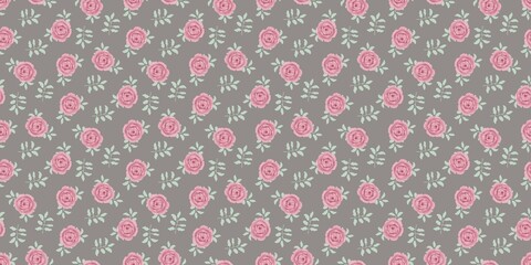 A charming pattern featuring scattered pink roses and light green leaves arranged on a grey  background. This sweet design creates a romantic, vintage, and feminine floral aesthetic,