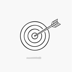 Simple hand-drawn doodle of an arrow hitting the bullseye on a target, symbolizing success, precision, and achieving goals.