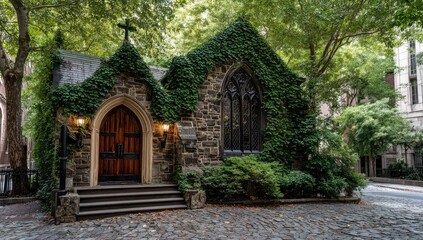 Quaint stone chapel nestled within lush greenery