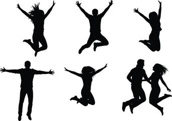Energetic silhouettes of people jumping, dancing, celebrating joyfully, vibrant movement, expressive poses, dynamic activity, fun illustration, festive design, motion