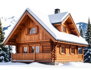 wooden mountain cabin, snow-covered roof, transparent background 