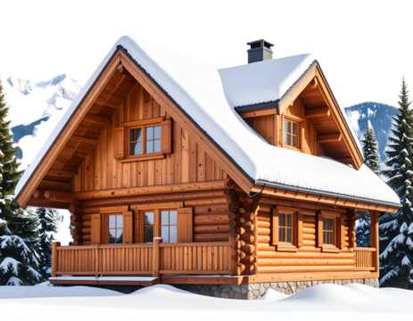 wooden mountain cabin, snow-covered roof, transparent background 