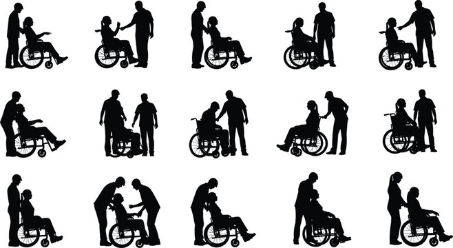 Caregivers assisting wheelchair users, healthcare support, compassionate aid, patient mobility, rehabilitation process, nursing care, daily routine, silhouette medical illustration - Powered by Adobe