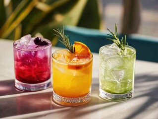 Al Fresco Summer Cocktails with Citrus Garnish and Condensation, Friends Gathering on Sunlit Terrace