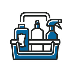 Obraz premium Cleaning caddy with bottles of cleaning supplies in blue color 