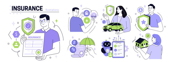 Insurance set. Characters use various insurance services to buy full coverage policy for building, vehicle, travel. Insured persons or business concept. Vector illustration.