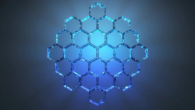Abstract hexagon pattern in blue glowing light against a dark background for modern design