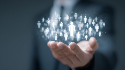 Businessman holding digital icons of people and team management, representing human resources, recruitment, employee data, business leadership, and digital HR solutions.