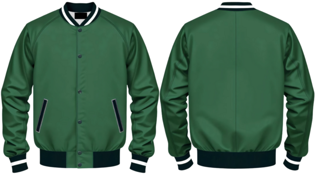 Dark green baseball bomber varsity jacket in front and back view, mockup isolated on transparent background