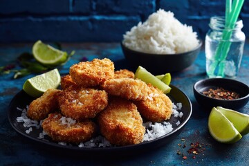 Crispy, golden-brown breaded fish pieces, piled high on a dark plate, with a bed of shredded coconut.  White rice, limes, and a small bowl of spice blend are nearby