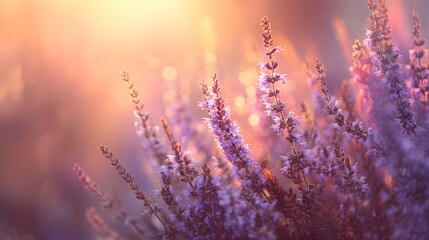 Golden sunlight illuminates lavender field at dusk