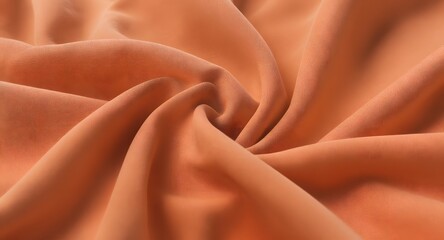 Close-up view of a soft peach fabric with gentle folds, showcasing smooth texture and intricate weave details, perfect for fashion, textile design, and home decor projects.