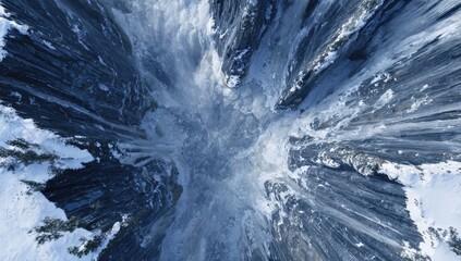 Glacial canyon vista from above.  Snowy peaks,  icy waterfalls, deep gorge