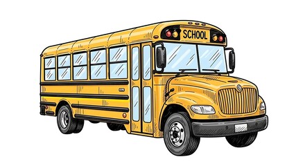 A yellow school bus with black accents and a white background in a cartoon illustration style