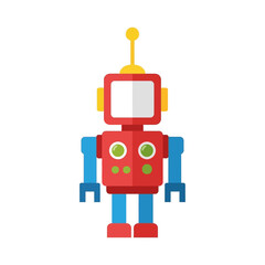 Flat vector toy robot with square head, antenna, and buttons, flat vector style, isolated on white background