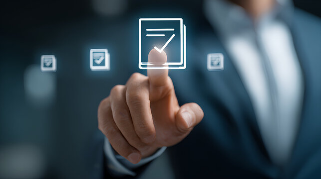 Businessman touching approved document icon on digital documents for approve business project proposals. Quality assurance and online evaluation of business concept.