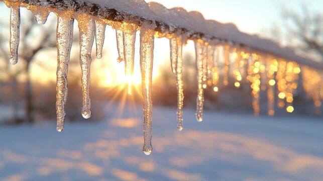 Icicles hanging from a branch at sunset, sunbeams through ice