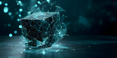 A glowing cube with a network of lines and dots floating in a dark teal colored environment .
