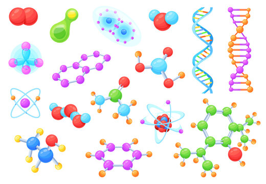 Cartoon molecules structure. Connected molecule, chemical particles molecular cell atom chemistry physics biology dna biotechnology science research set, neat vector illustration