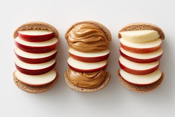 Three apple and peanut butter sandwiches