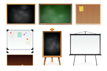Realistic school boards. Chalk board on wall, office flip chart for presentation chalkboard whiteboard blackboard modern flipchart paint message, 3d set exact vector illustration © ssstocker