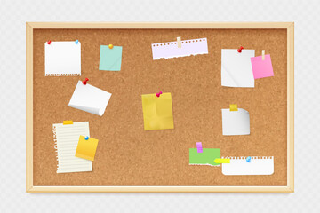 Realistic notice board. Corkboard with pin paper notes, office pinboard school wall bulletin frame memo pinned stickers post message wood cork texture, 3d exact vector illustration