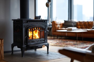 Black wood-burning stove in a modern living room.  Cozy fire.  Floor-to-ceiling windows offer city view.  Rustic decor