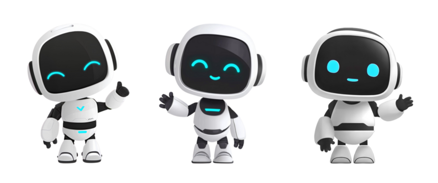 Cute Robot Characters in Different Poses. The robot is waving its hand, different hand gestures.