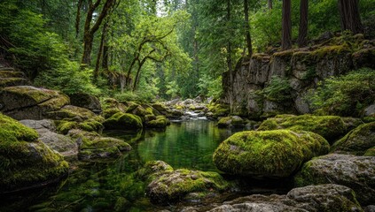 Lush forest stream with mossy rocks