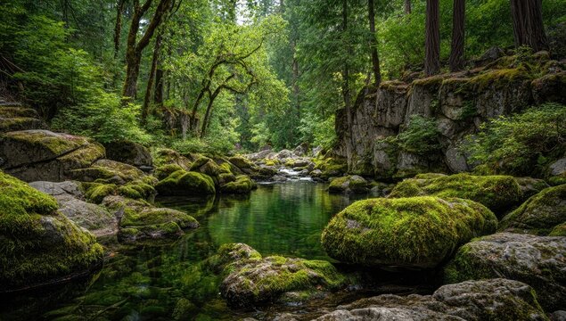 Lush forest stream with mossy rocks