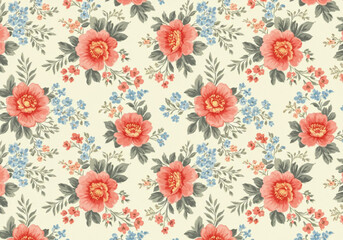 Vector art of vintage floral pattern with roses and small blue flowers on light background