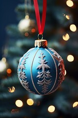 Beautiful Christmas ornament hanging on a tree with soft lights in a modern setting featuring neon geometric shapes