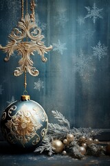 Unique Christmas tree decoration with detailed ornament and winter background featuring geometric neon shapes