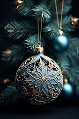 Vibrant Christmas ornament hanging on a decorated tree with geometric neon background
