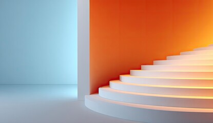 Abstract interior scene with a curved stairway.  Light pastel blue and orange walls meet.  White steps